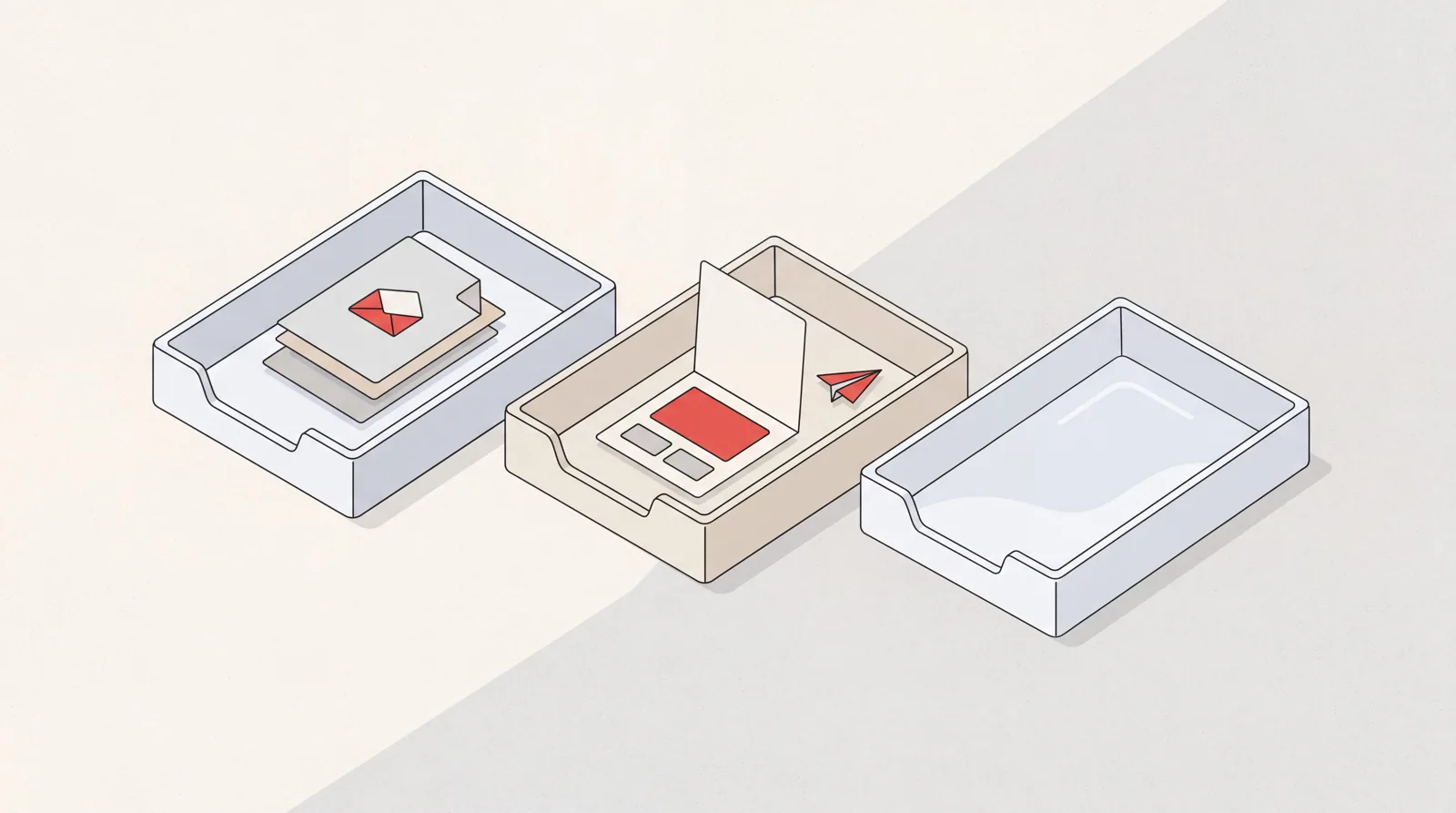 Three desk trays showing what inbox management tools remove: unread mail, a drafted reply, and a cleared tray