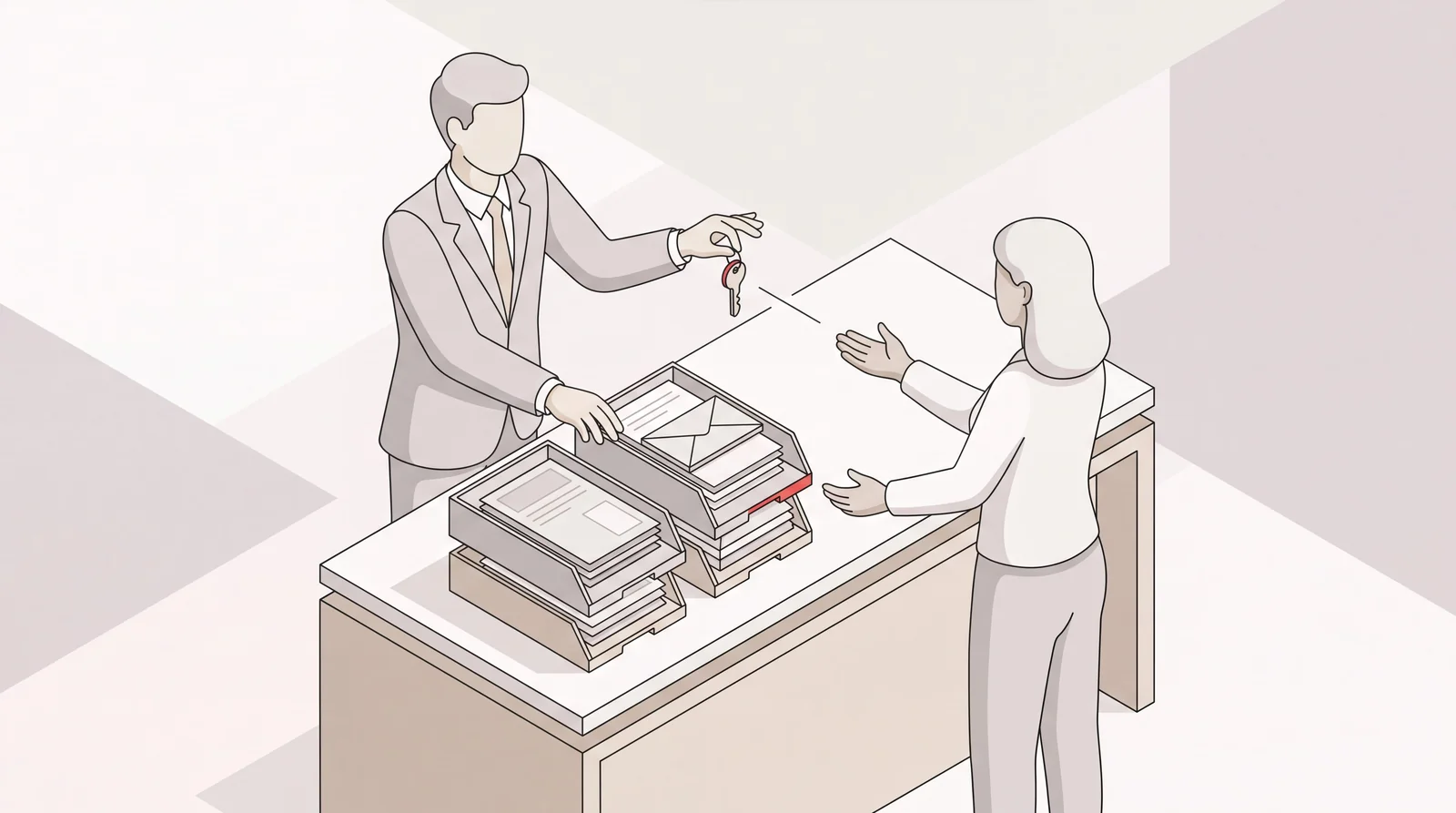 Executive handing a sorted inbox and access key to a virtual assistant, isometric illustration with Catch red accents