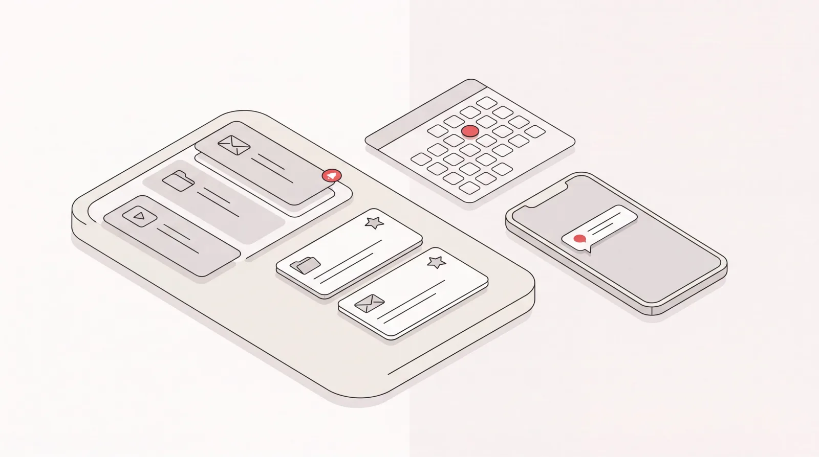 Gmail AI assistant concept: a tidy inbox of sorted email cards beside a calendar and a phone notification