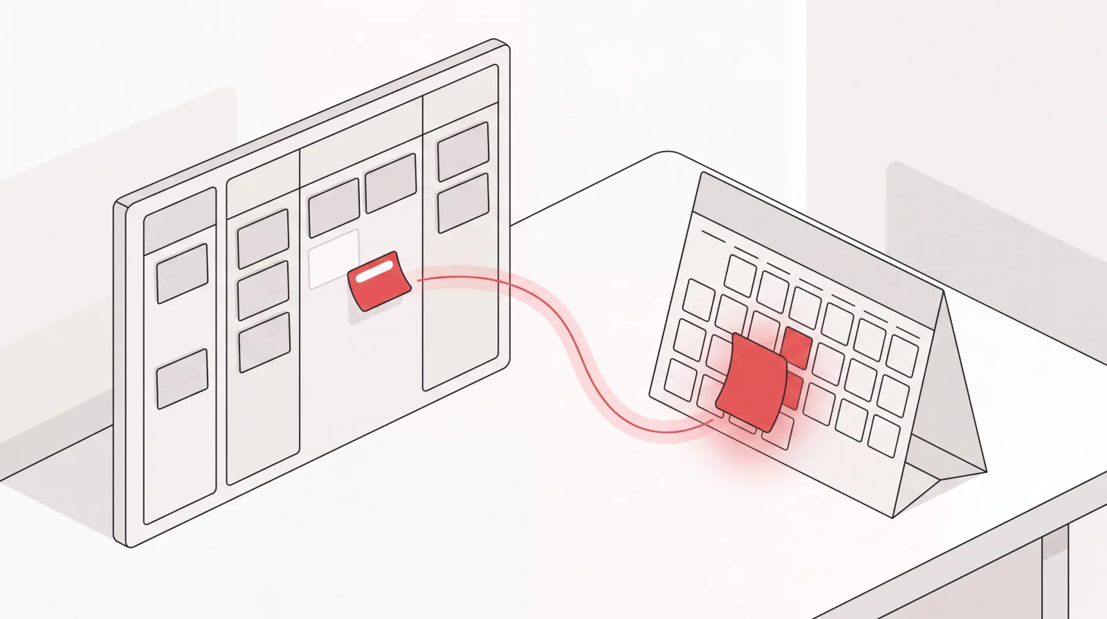 Isometric project board and desk calendar with a task card moving from the plan into a booked calendar slot