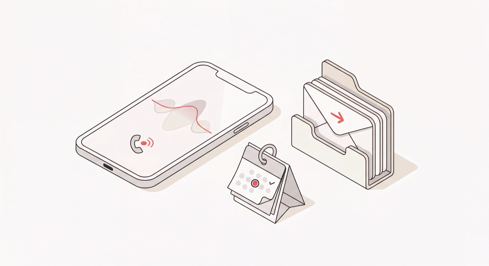 Friendly AI phone-assistant placing a call beside a calendar and inbox, isometric illustration, Catch red accents