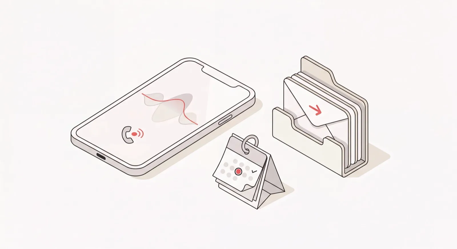 Friendly AI phone-assistant placing a call beside a calendar and inbox, isometric illustration, Catch red accents