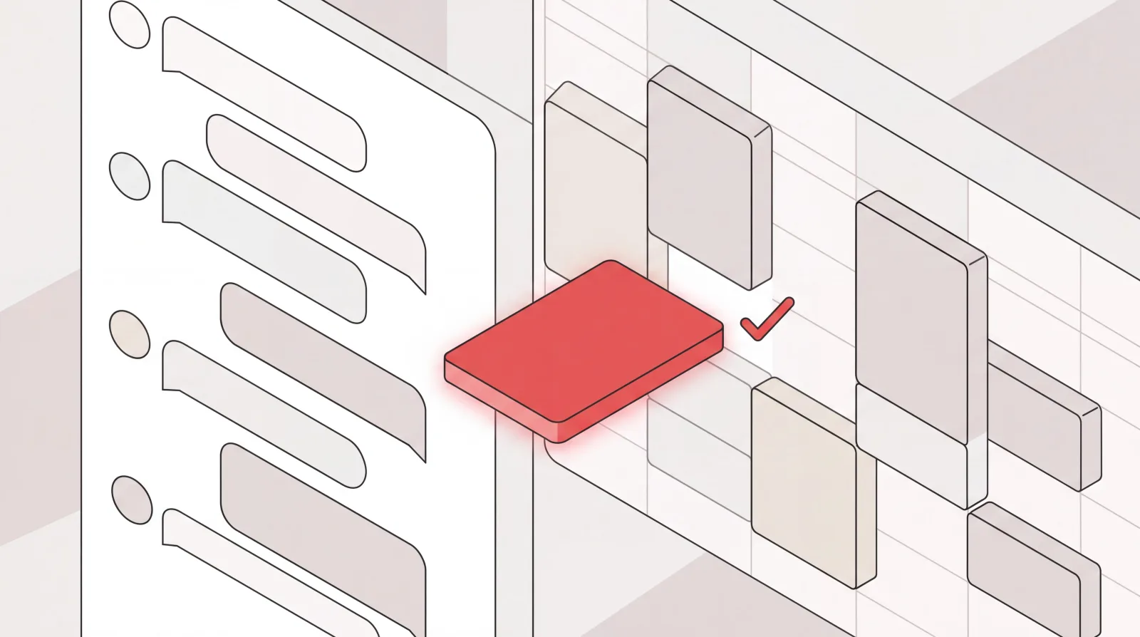 Chat thread beside a weekly calendar with a meeting block sliding into an open slot and confirming