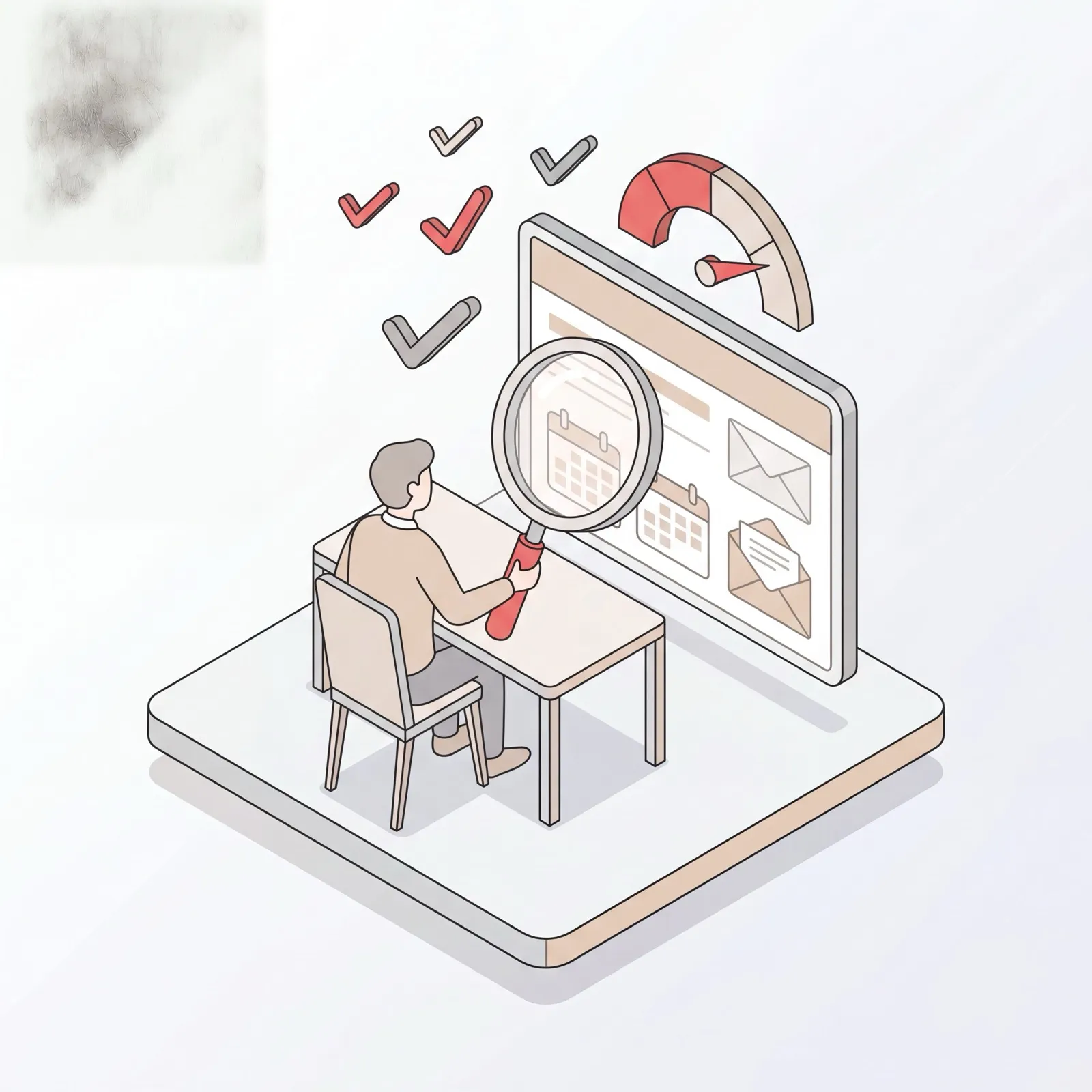 Evaluating an AI executive assistant app, with a magnifying glass examining a calendar and inbox for a Lindy AI review