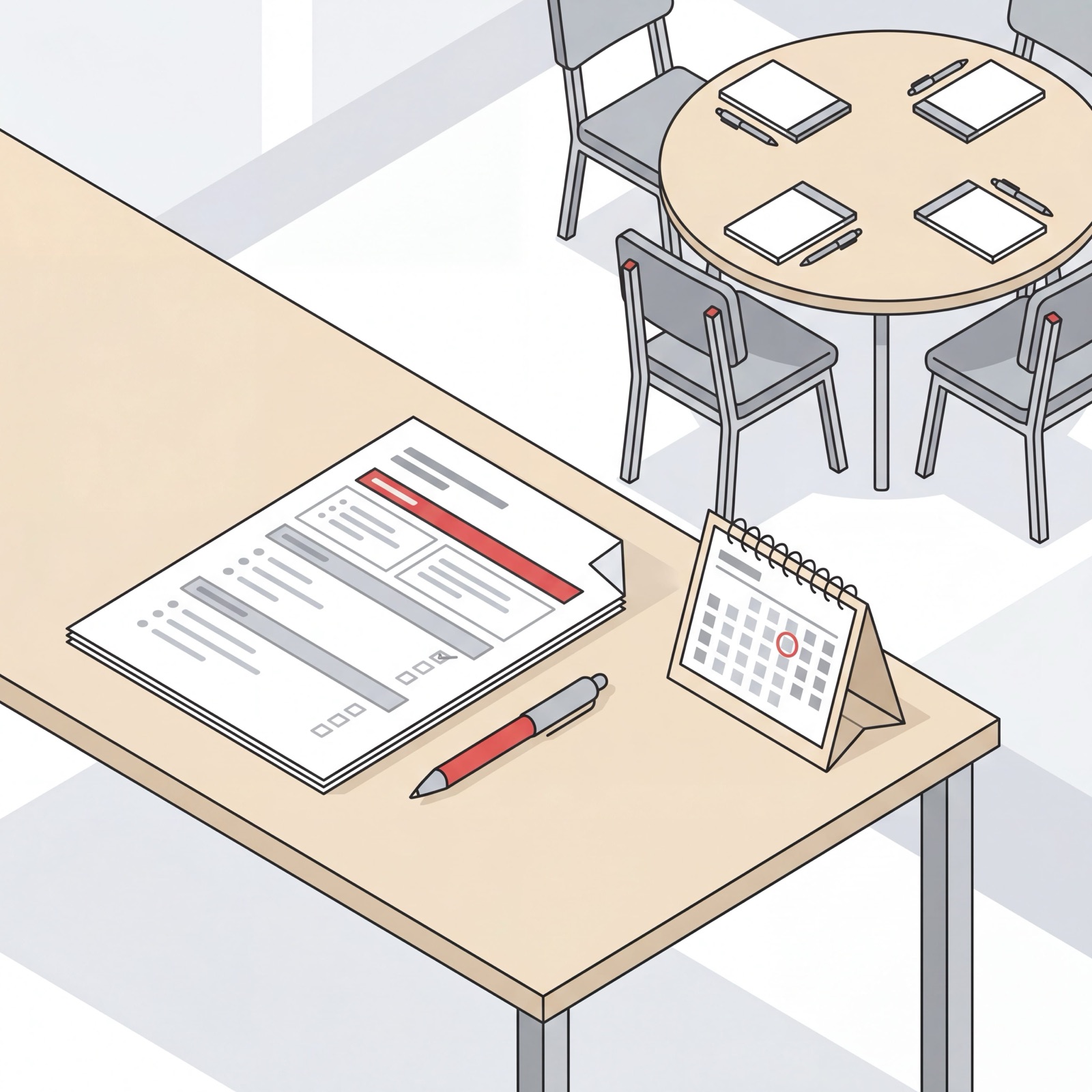 Organized meeting agenda document beside a calendar and round meeting table, clean isometric illustration