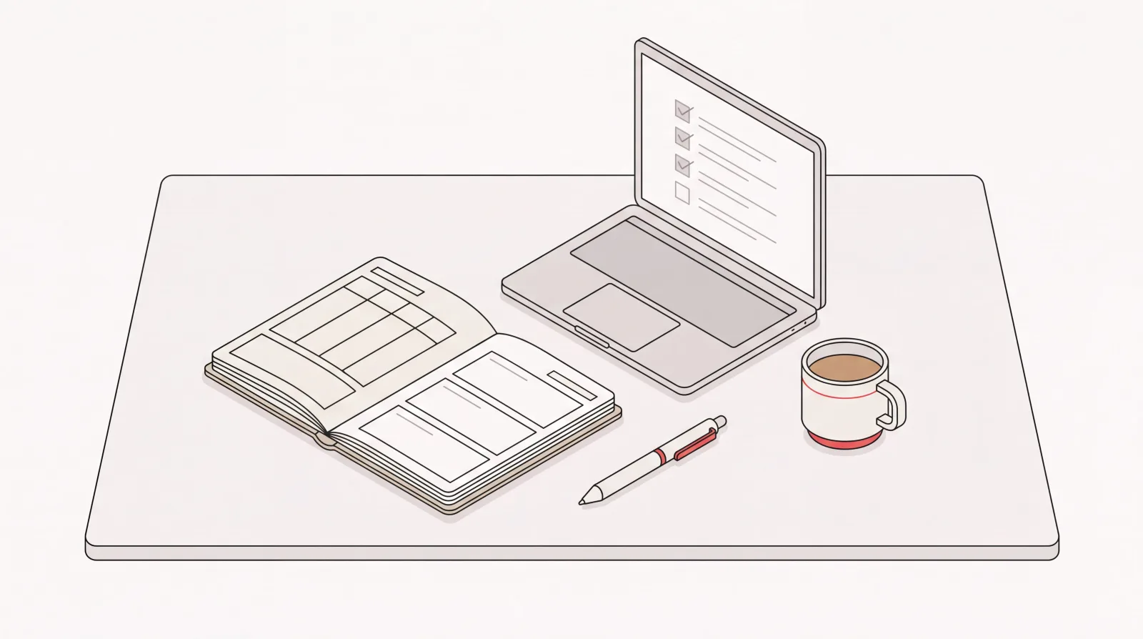Meeting notes template in an open notebook beside a laptop showing an action item checklist
