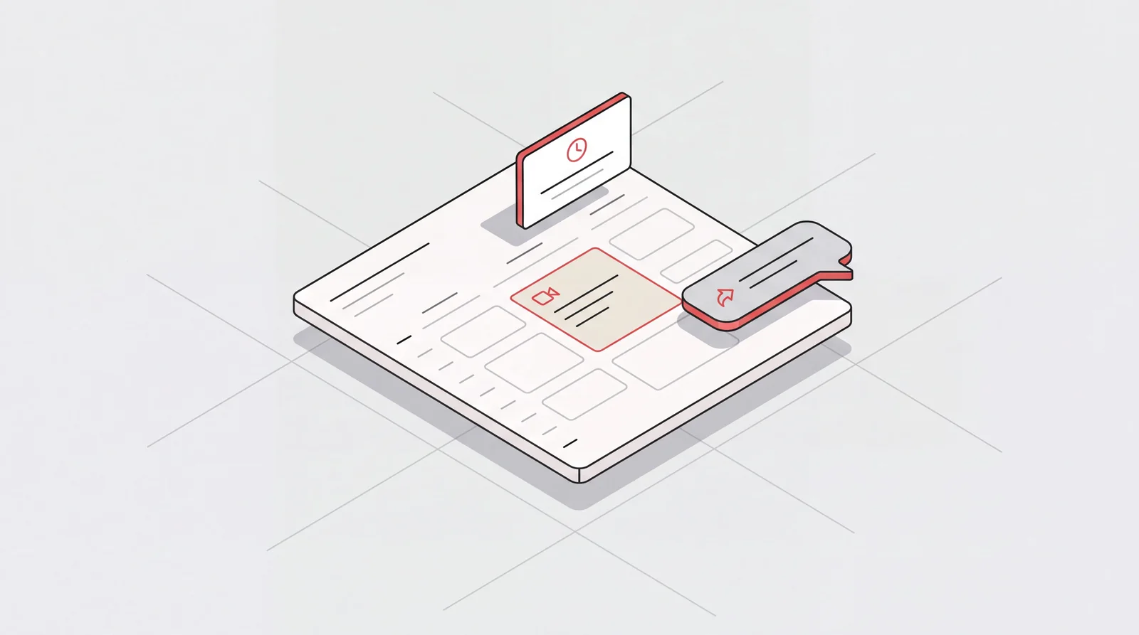 Isometric calendar with a highlighted meeting slot, a reminder notification card, and a reply message bubble