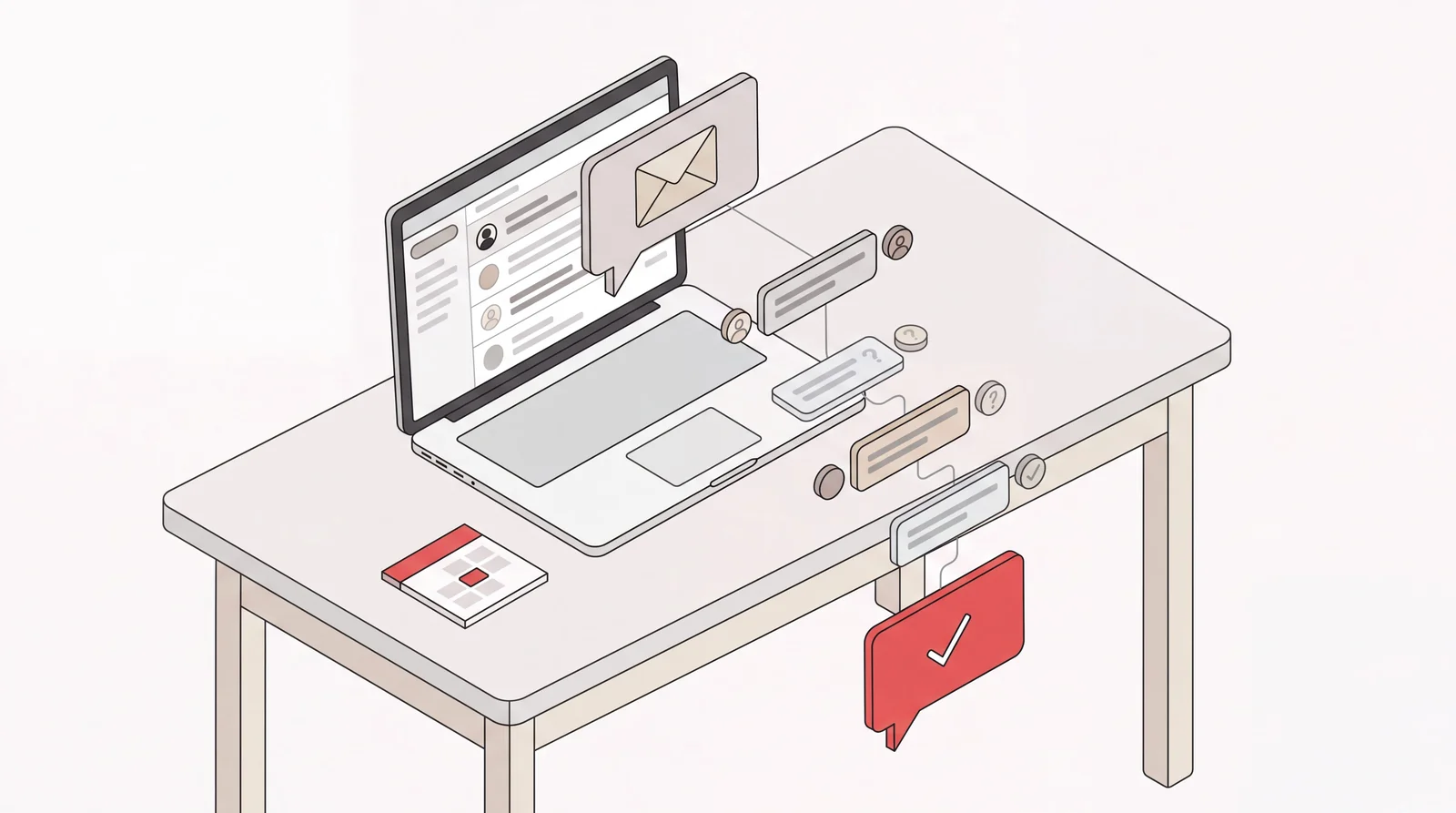 Isometric desk scene with a meeting request email on a laptop and a reply thread ending in a confirmed time