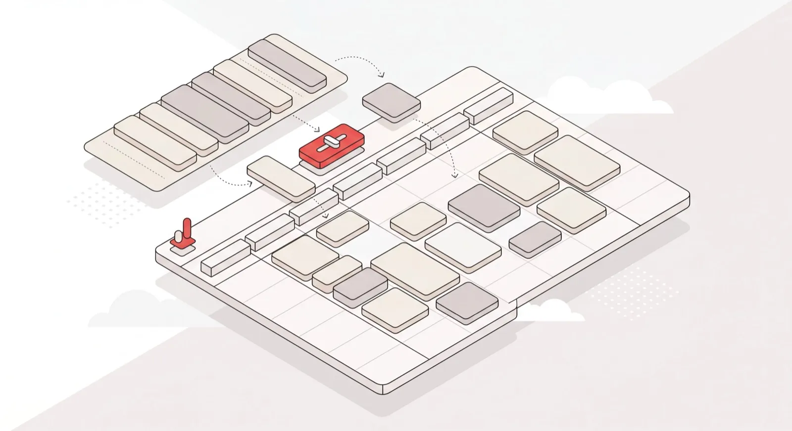 Isometric calendar with task blocks auto-scheduling into open time slots, illustrating a Motion app review