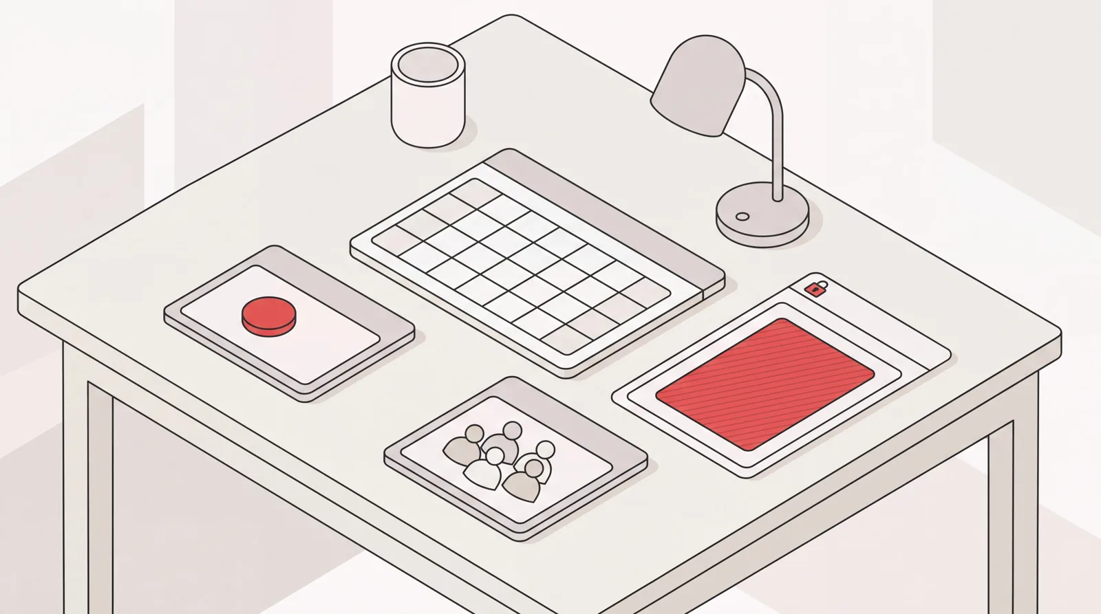Isometric desk with a calendar, a booking slot card, a group availability card and a blocked-out time card