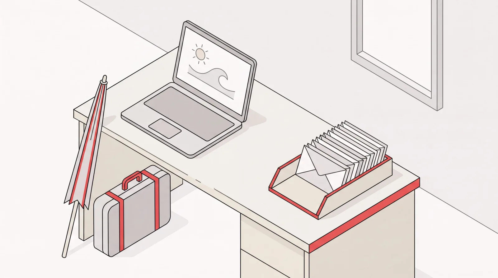 Desk with a laptop showing an out of office auto-reply, a suitcase, and a tray of waiting emails