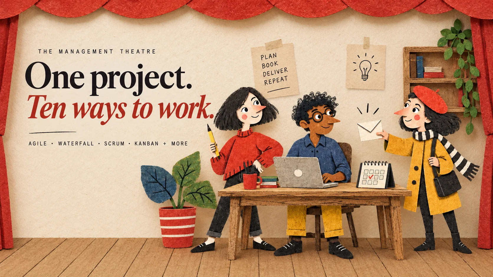 A paper theatre with a designer, an engineer, and a customer showing ten ways to organize the same project.