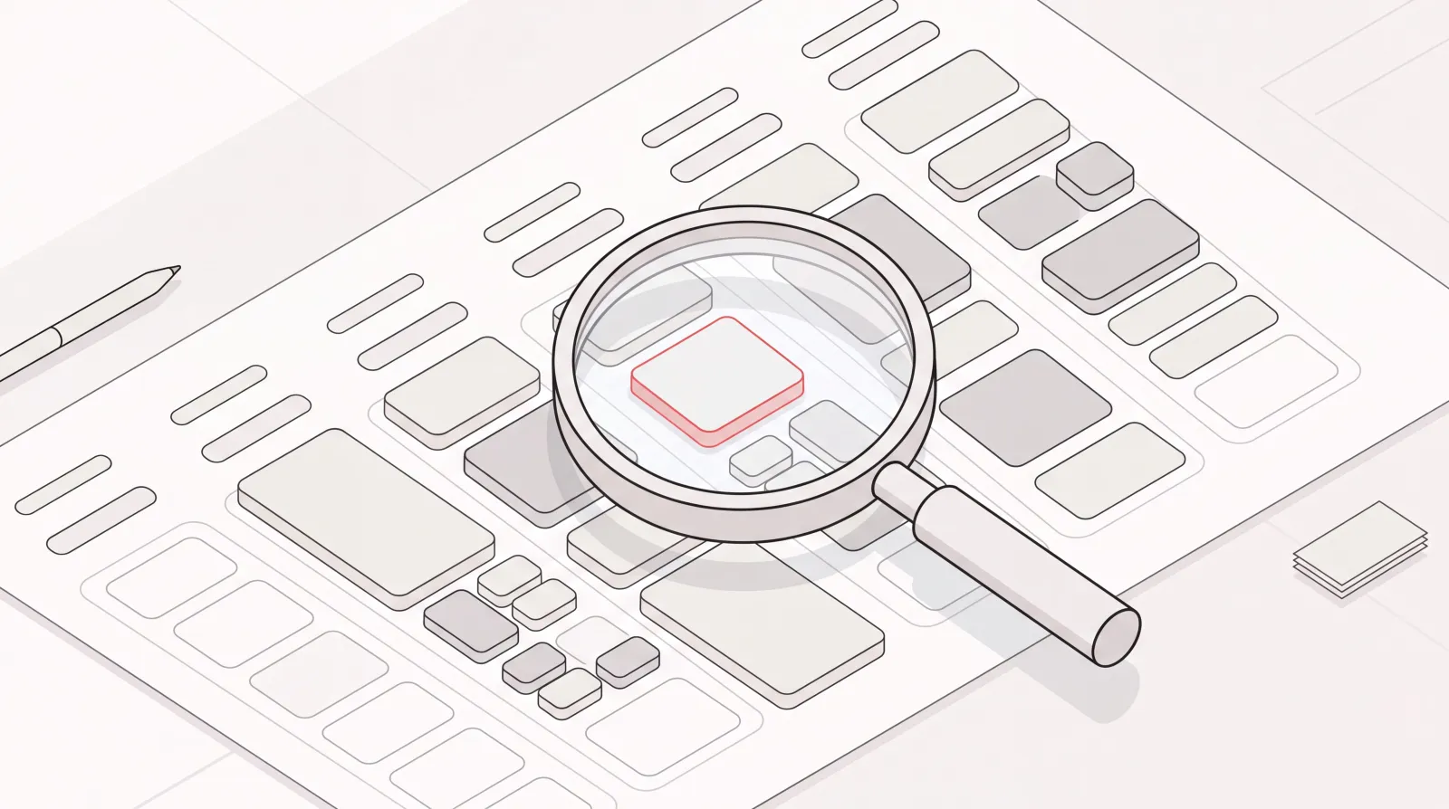 Magnifying glass reviewing a weekly calendar of auto-placed time blocks with buffer gaps between meetings