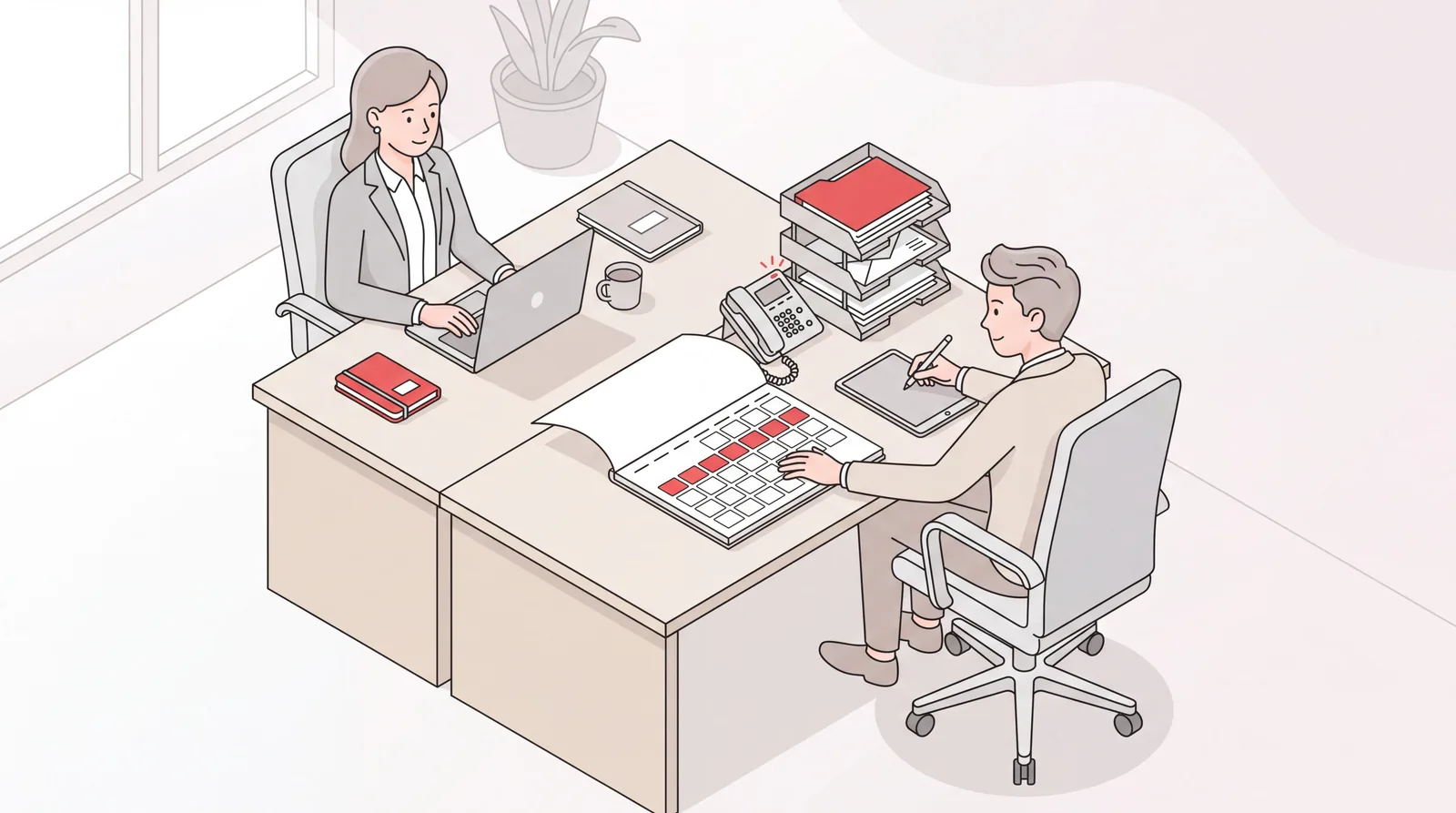 Executive assistant and executive working side by side at a shared desk with a calendar, inbox trays and desk phone
