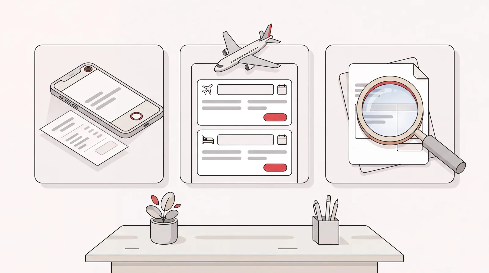 Three panels showing receipt capture, flight and hotel booking, and invoice review in an SAP Concur review
