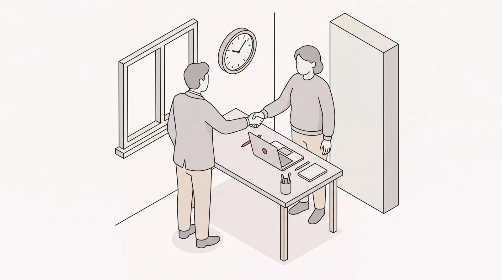 Business owner shaking hands with a dedicated remote executive assistant at a desk, wall clock above