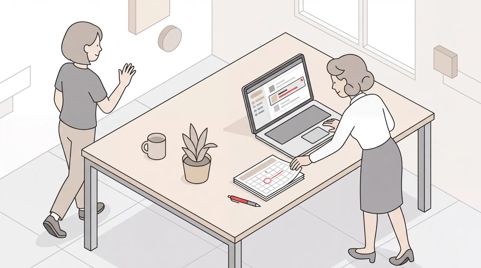 Isometric illustration of an assistant handing off calendar and inbox work to a backup assistant at a shared desk