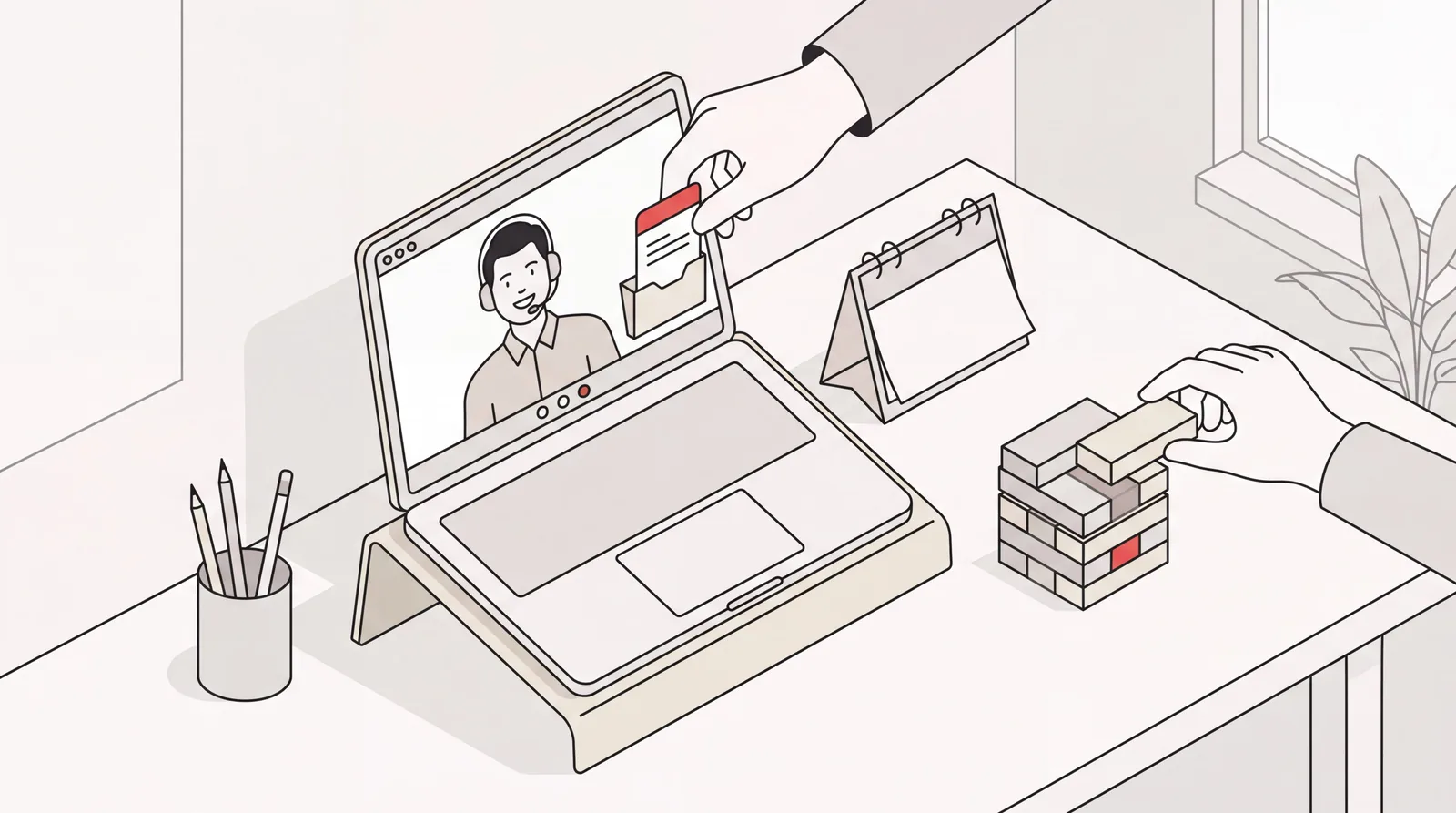 A task card handed to a virtual assistant on a video call beside a dwindling stack of blocks, for a Time Etc review