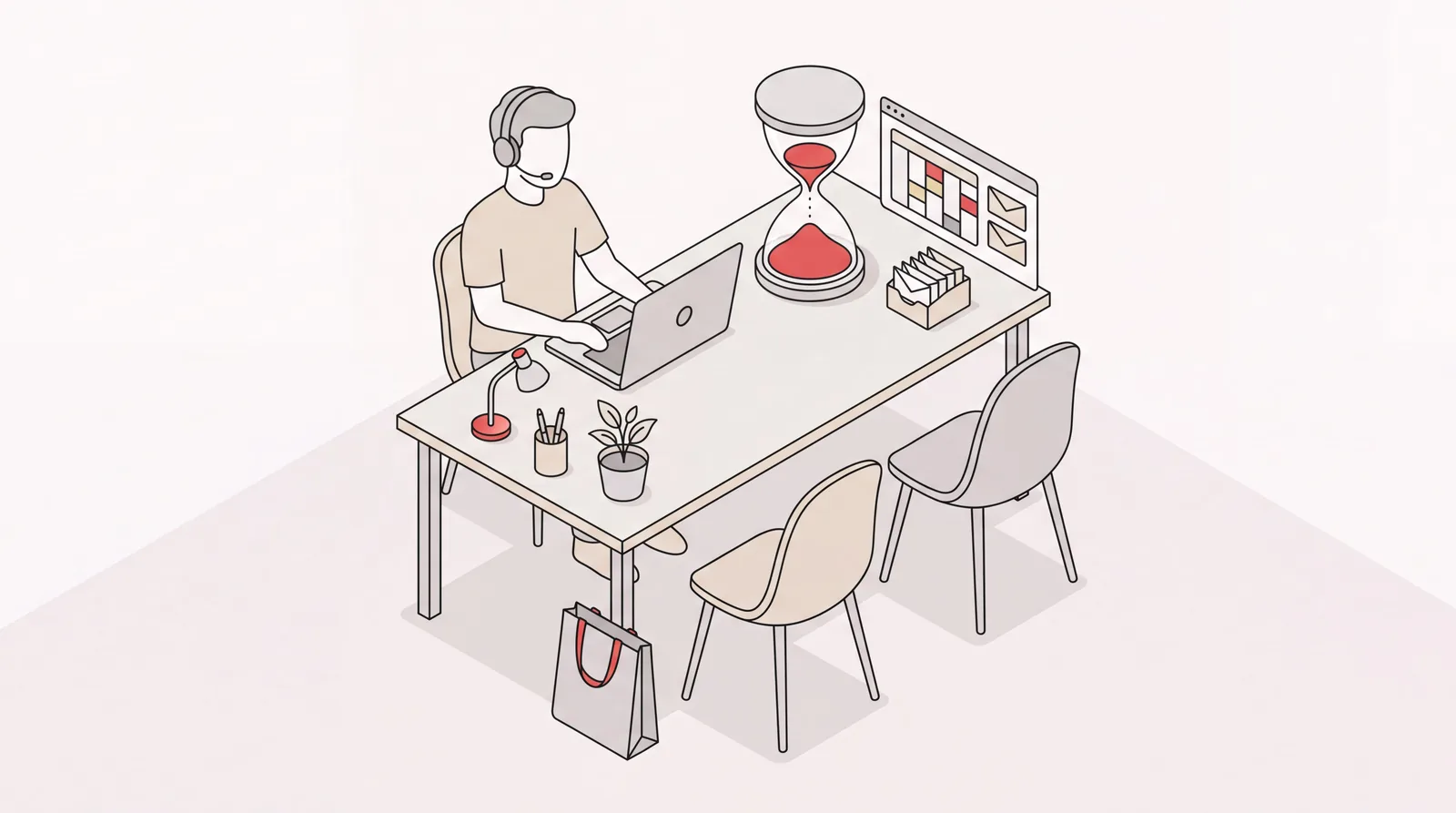 Isometric desk scene of a virtual assistant at a laptop with an hourglass, calendar and inbox, and two empty chairs