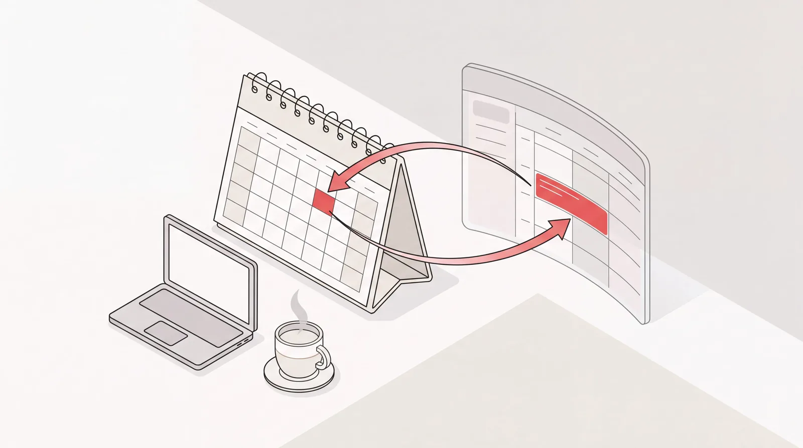 Isometric desk calendar and scheduling app panel linked by two-way arrows, showing Outlook calendar integration