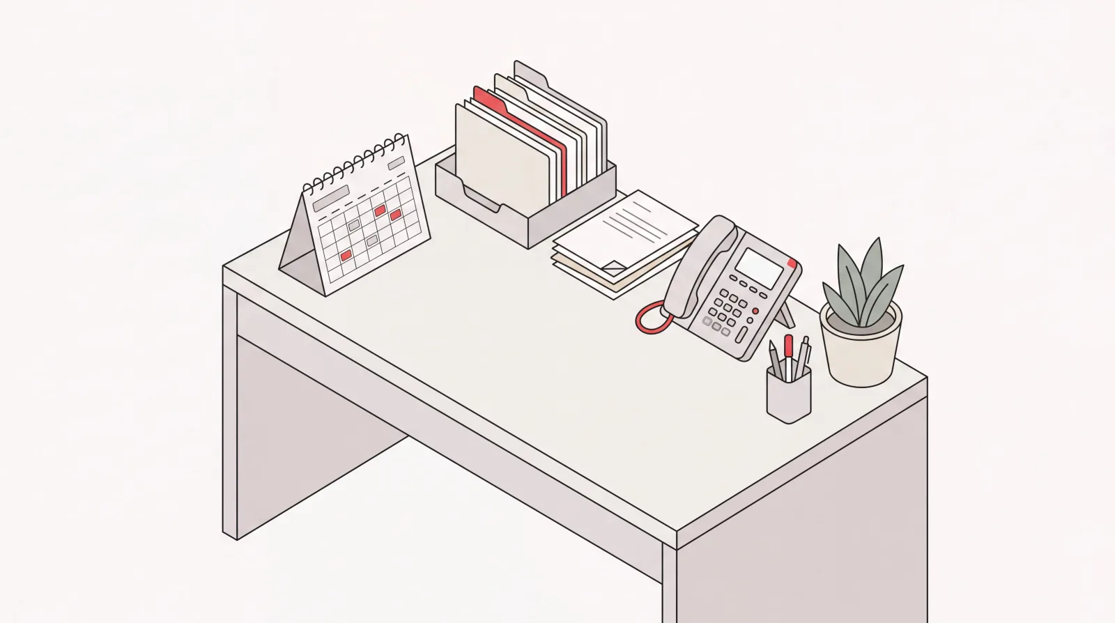 Tidy legal team desk with an orderly calendar, sorted case files, documents, and a desk phone
