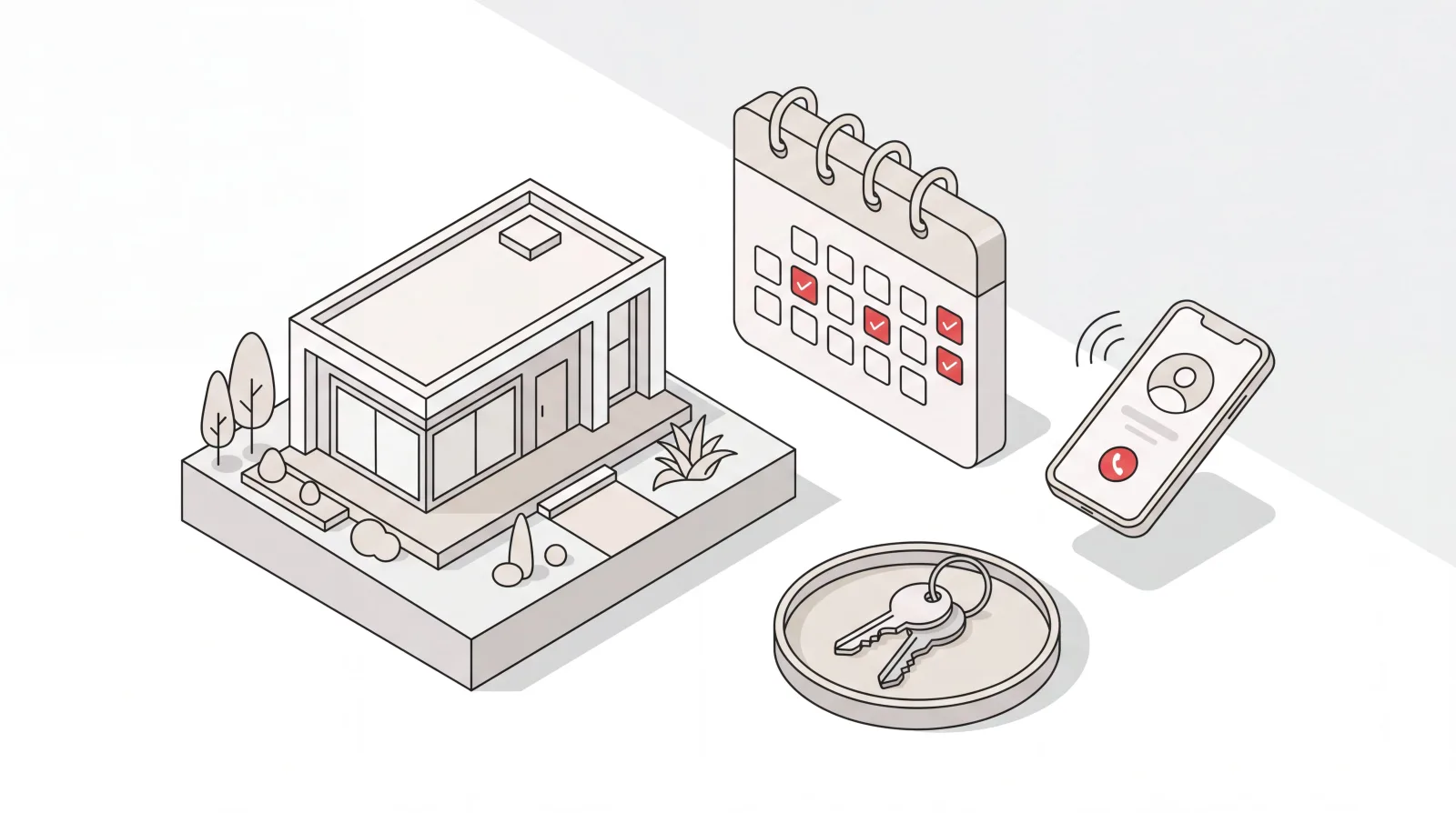 Isometric house, calendar of confirmed showings, keys and a phone placing a call — AI assistant for real estate