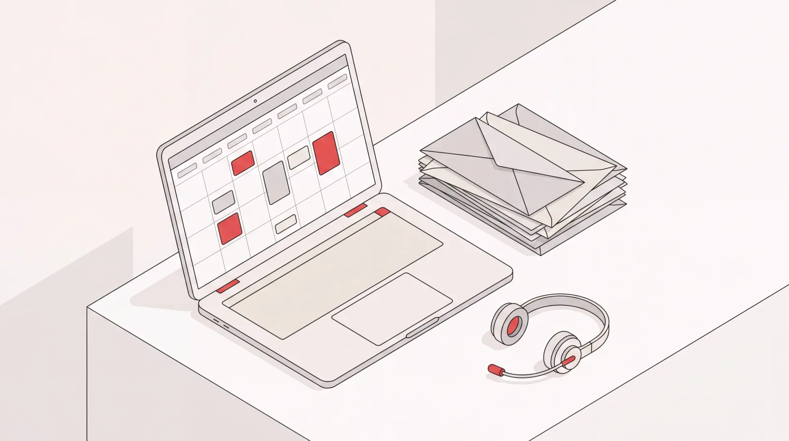 Sales desk with a booked calendar, sorted email, and a headset, the admin an AI assistant for sales handles