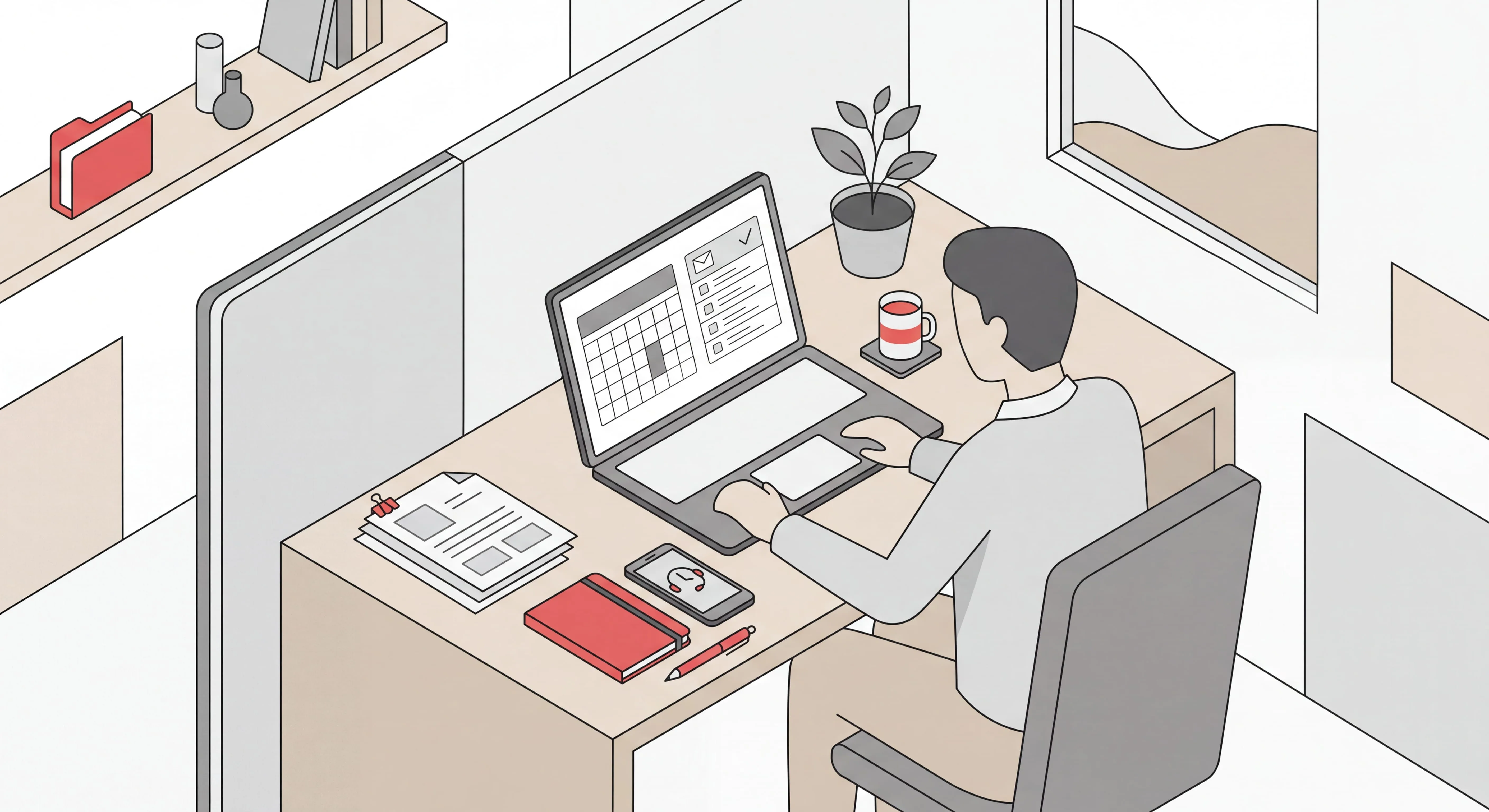 Consultant at a calm desk with an organized client calendar and inbox, illustrating AI for consultants handling admin work