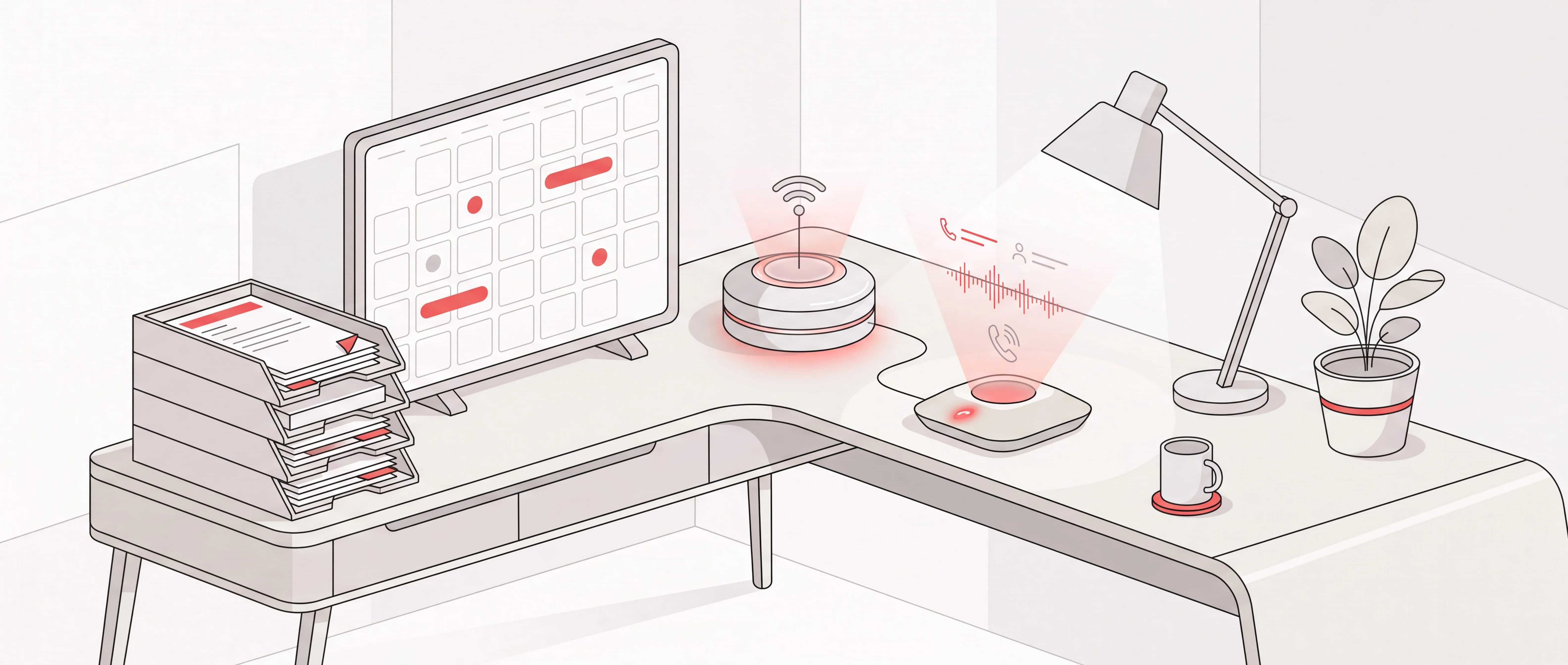 Executive desk where AI handles the admin: calendar, sorted inbox tray, and a phone call placed on the executive's behalf