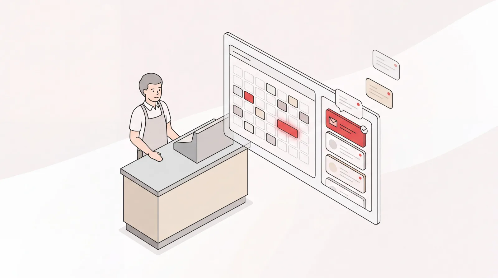 AI for small business owners: owner at a shop counter beside a tidy calendar and a sorted inbox