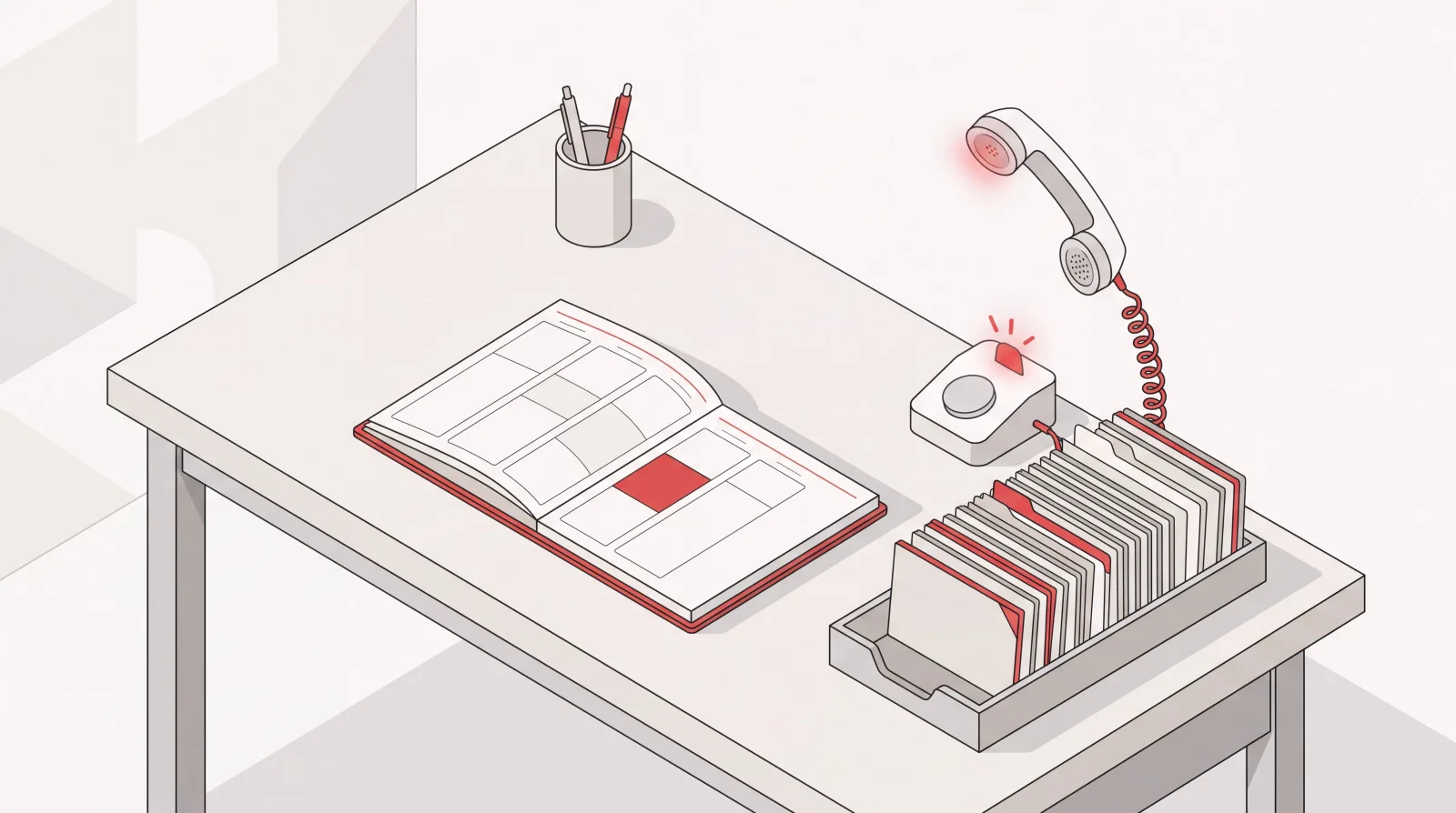 Isometric desk with an open calendar, a sorted tray of inbox cards, and a phone off the hook mid-call
