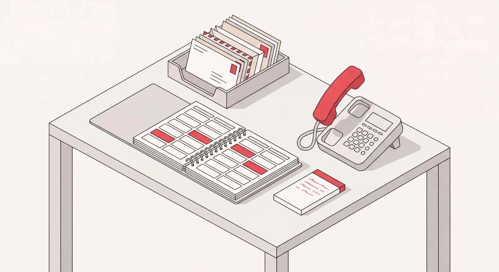 AI secretary desk with an appointment book of scheduled time slots, a sorted mail tray, and a phone mid-call