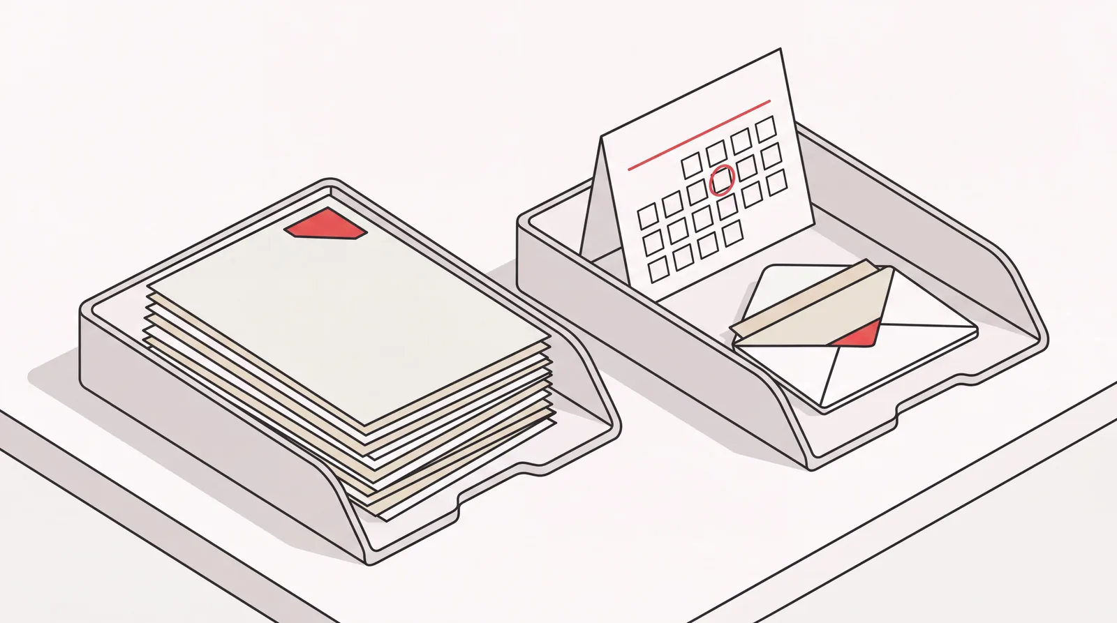 Two desk trays holding back office paperwork alongside a calendar and an envelope on a clean desk