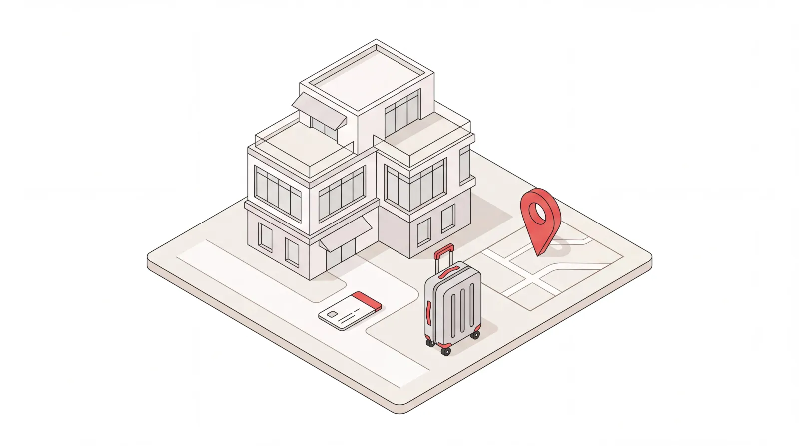 Business hotel booking scene: hotel building with a suitcase, room key card and map pin marking a nearby meeting