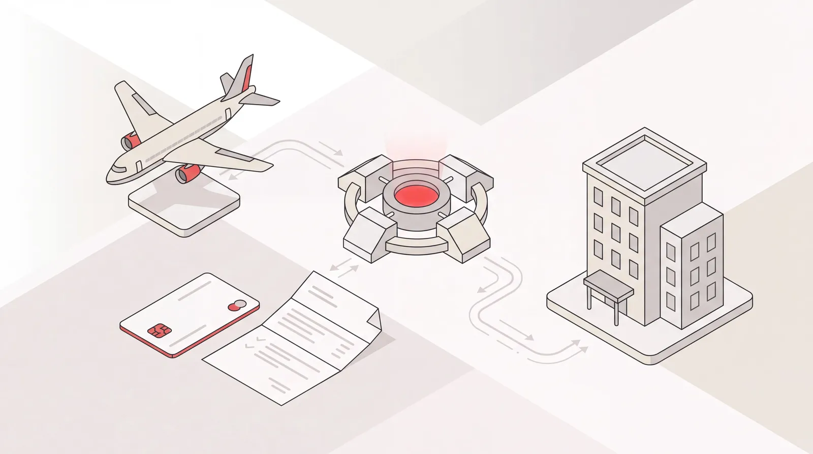 Business travel account: a payment card, an itemized statement, a flight and a hotel routed to one billing hub