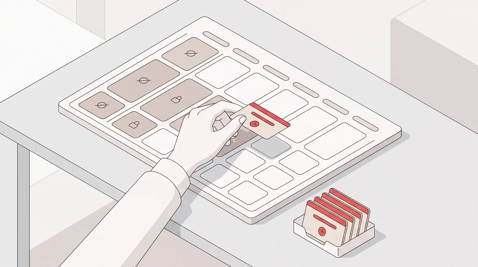 Isometric calendar grid with protected focus blocks and a hand moving a meeting card into a free slot