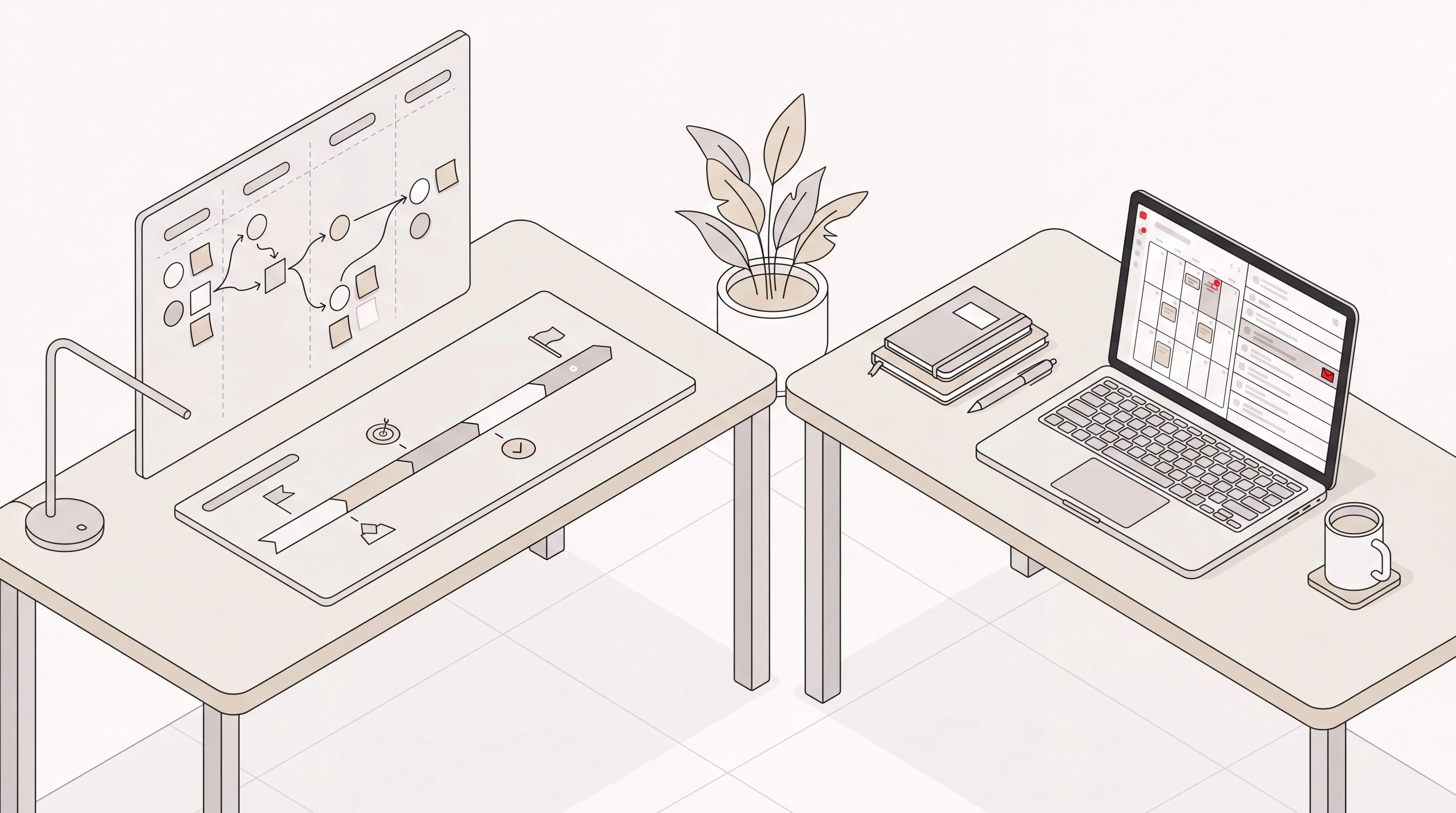 Two isometric desks: a chief of staff's strategy roadmap board and an executive assistant's calendar on a laptop