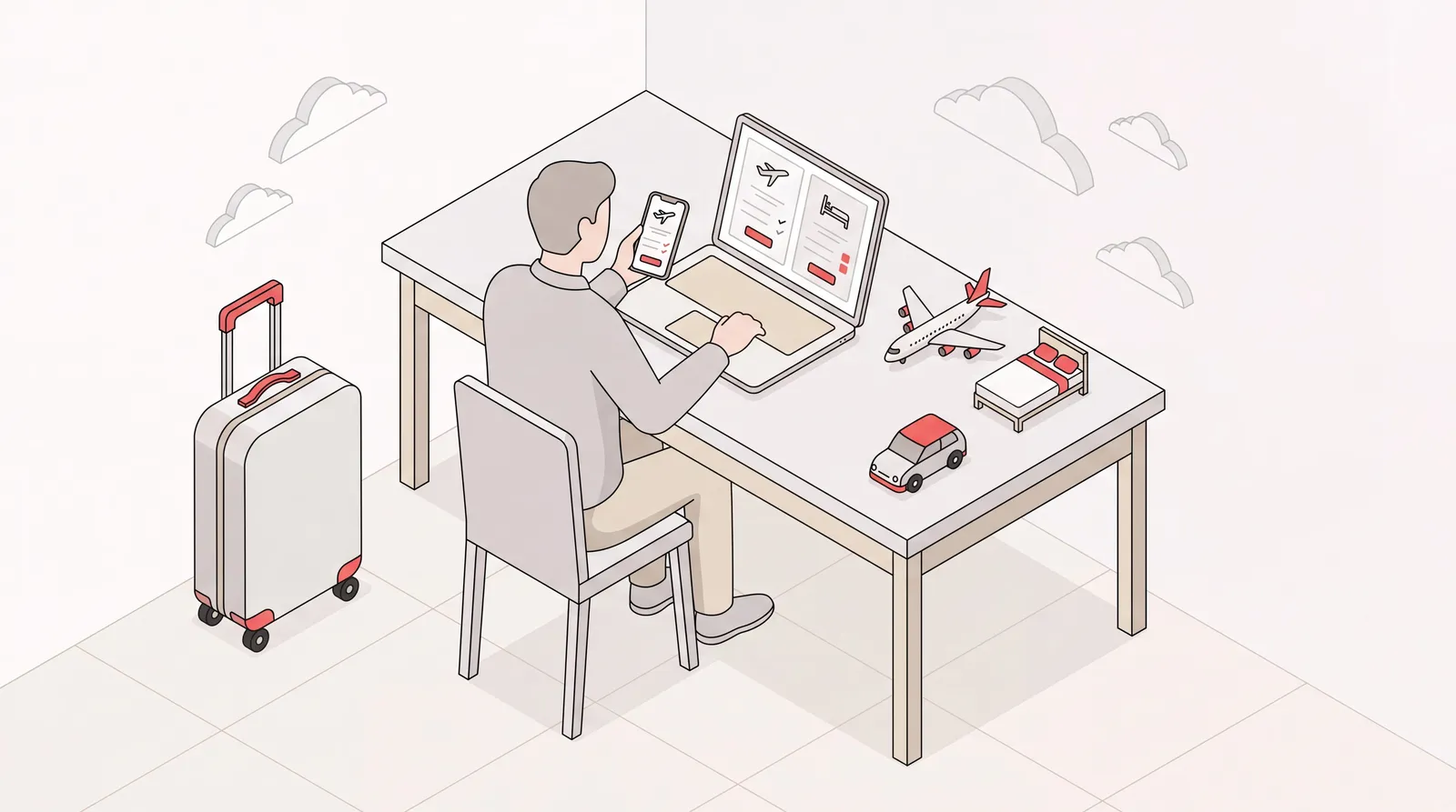 Isometric desk scene comparing corporate travel management software options for flights, hotels and rental cars