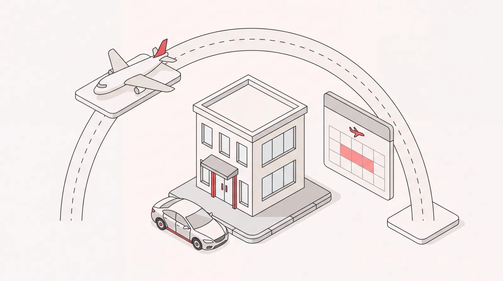 Corporate travel management scene: a flight path, hotel, waiting car, and calendar marking the trip dates