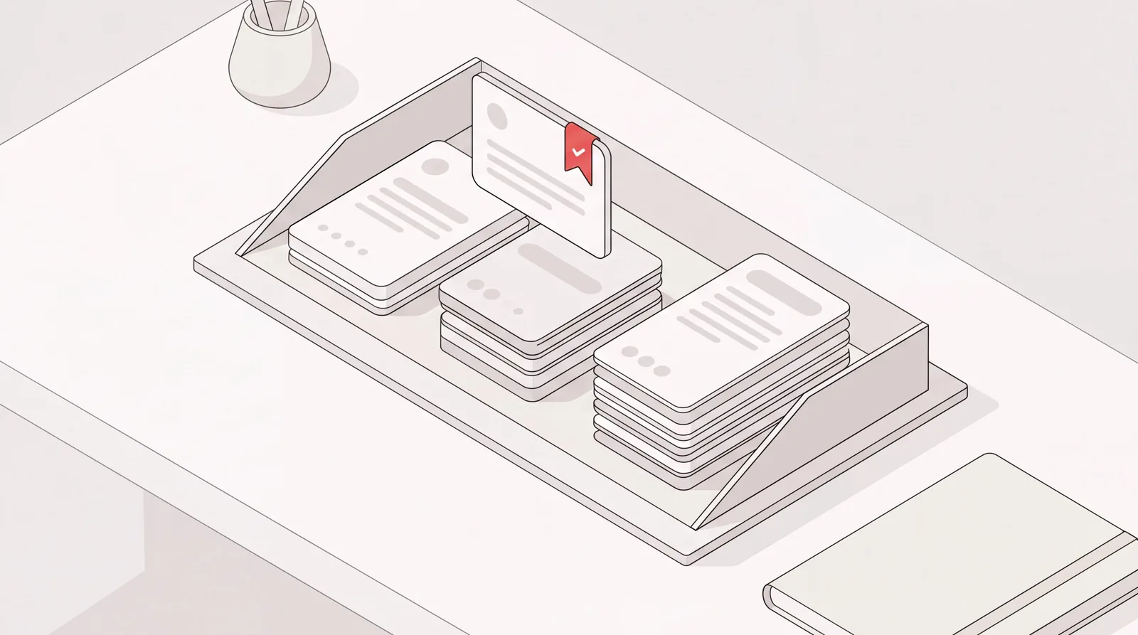 Isometric inbox panel with messages sorted into handled, steered and escalated piles beside a single flagged card