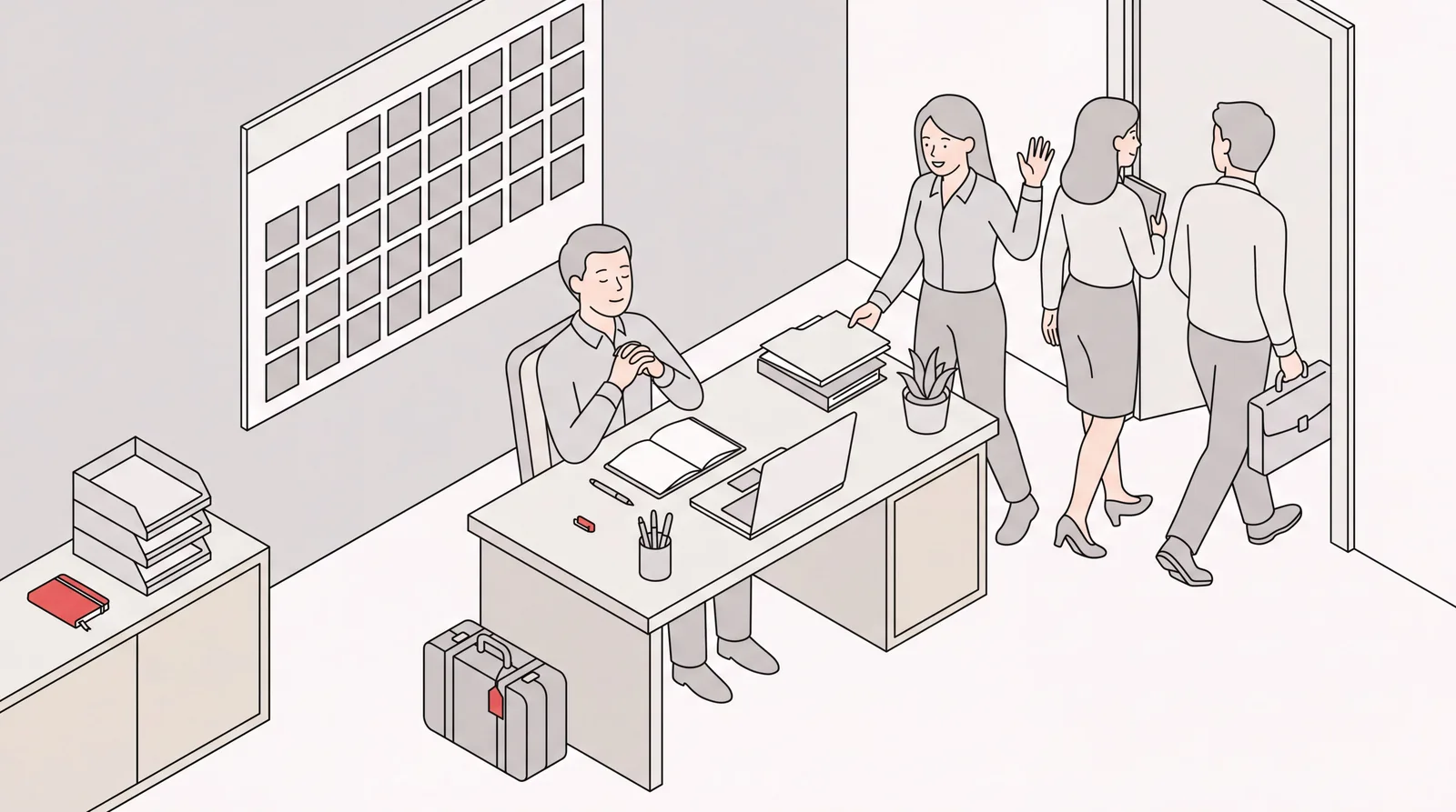 Executive administrative support owned by one person at a tidy desk with a calendar, inbox trays and a travel case