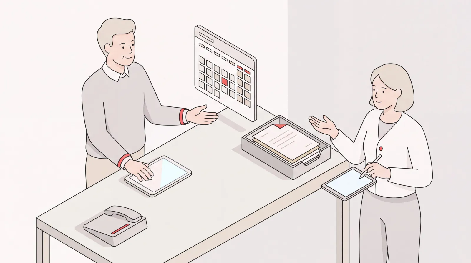 Isometric desk scene of an executive handing off calendar and inbox work to an executive assistant