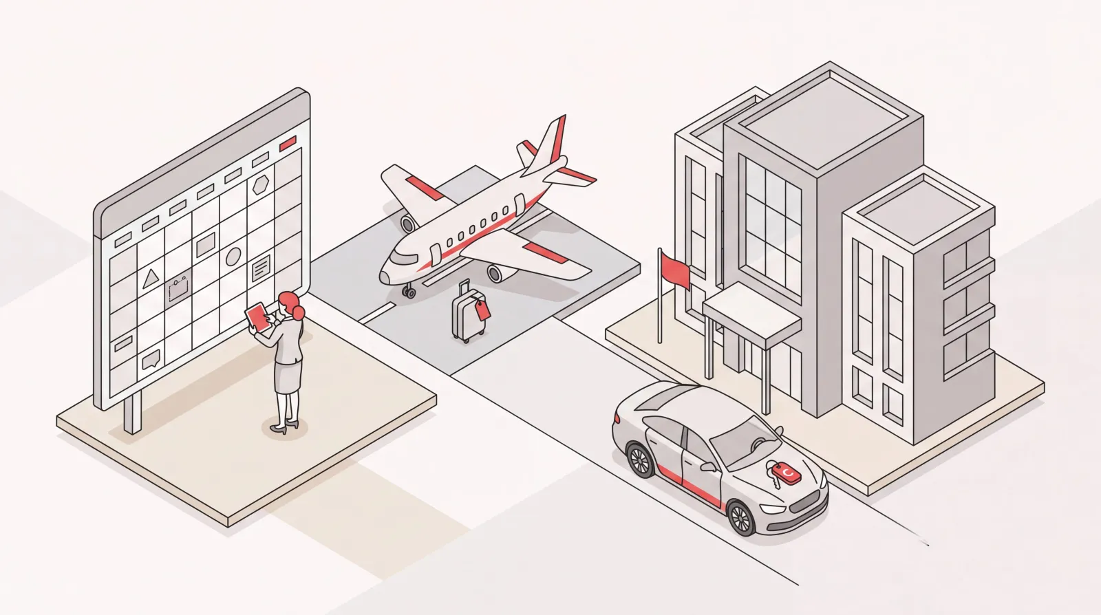 Executive assistant travel planning: a calendar wall, a plane on the runway, a hotel, and a car waiting outside