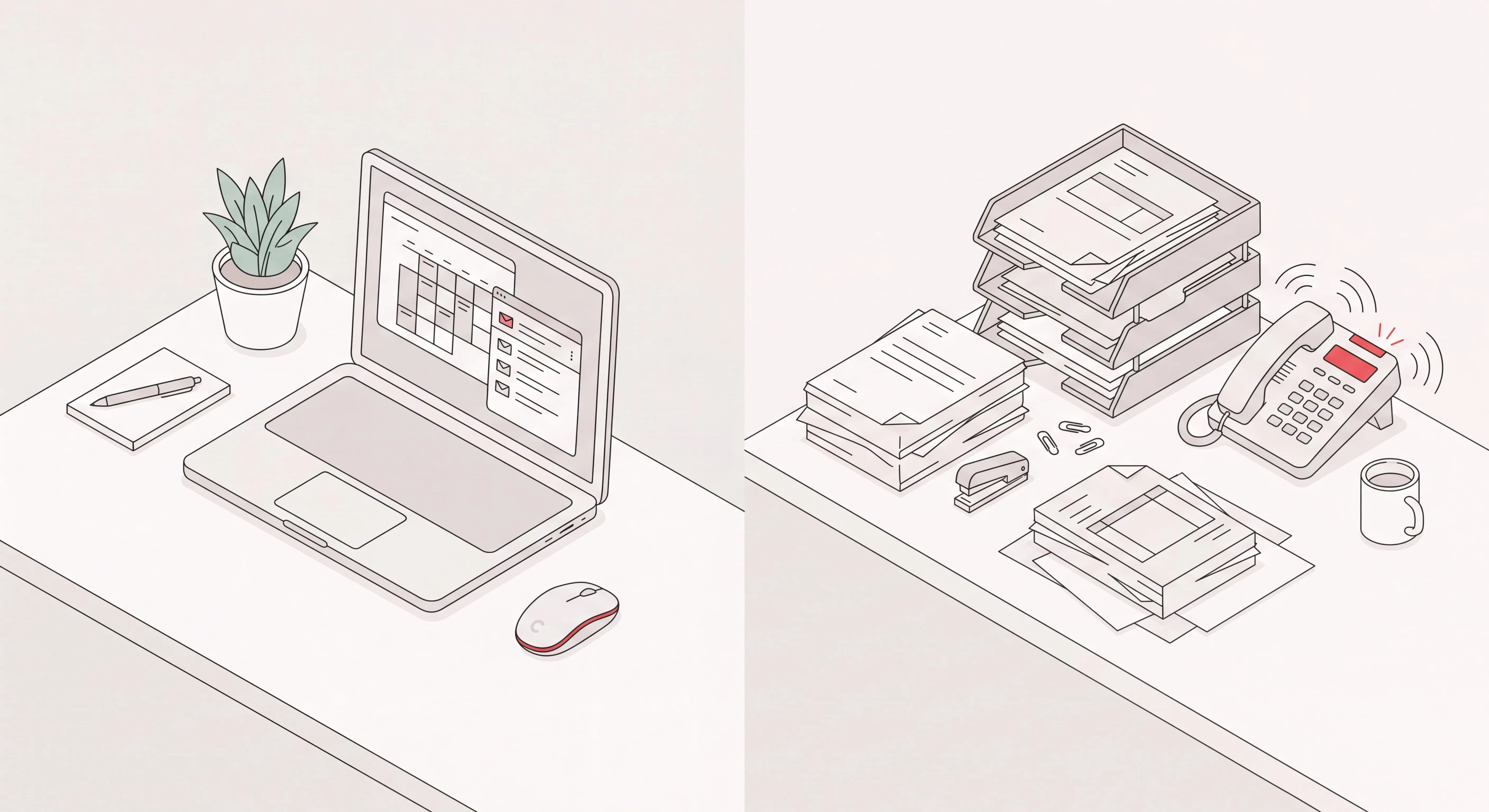 Executive assistant vs administrative assistant: one desk with a leader's calendar and inbox, the other with forms, filing, and an office phone
