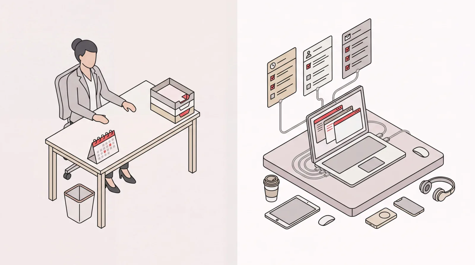 Two desks side by side: an executive assistant supporting one leader and a virtual assistant working remotely