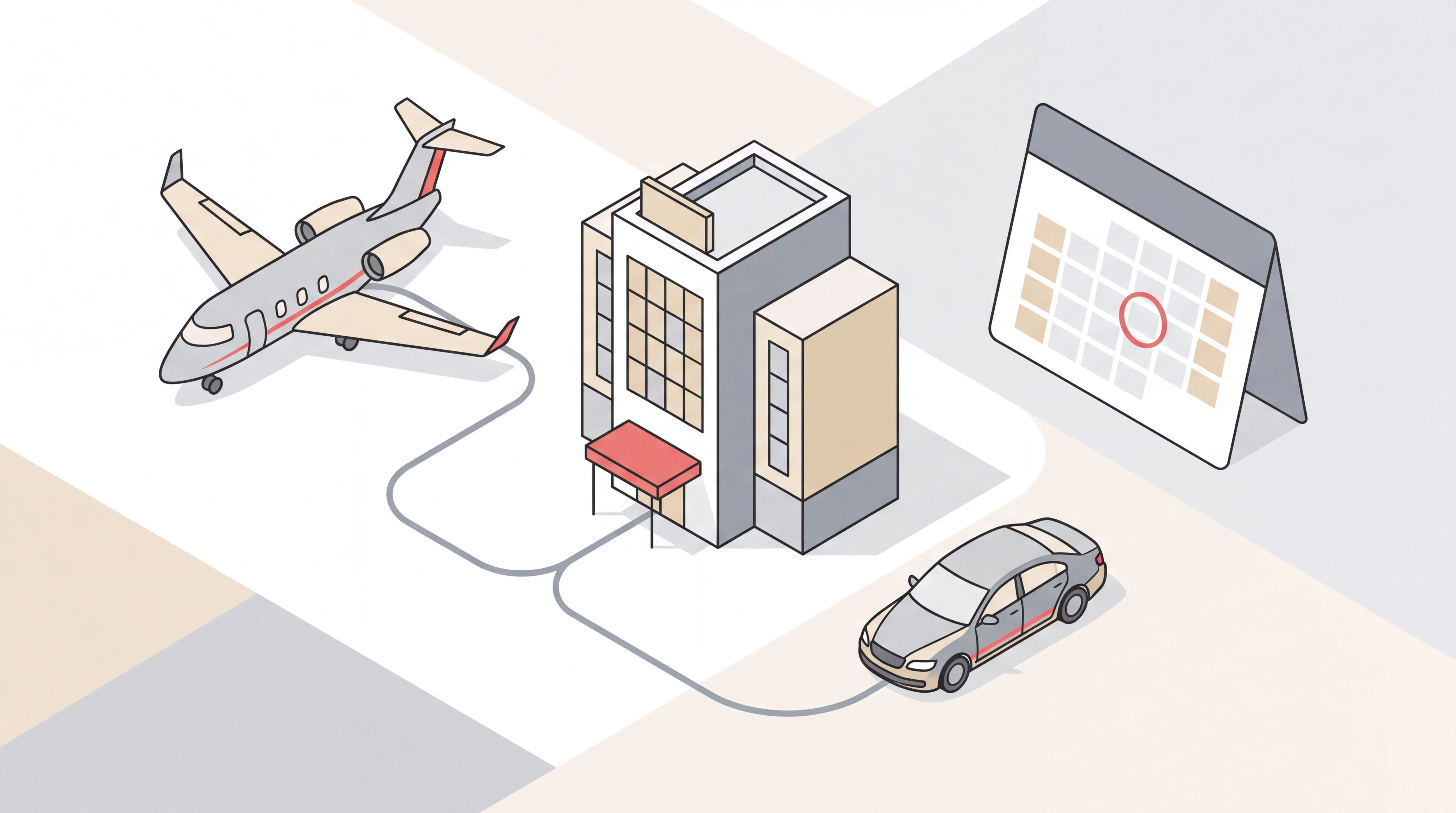 Isometric executive travel management scene: flight, hotel and car linked along one route beside a calendar