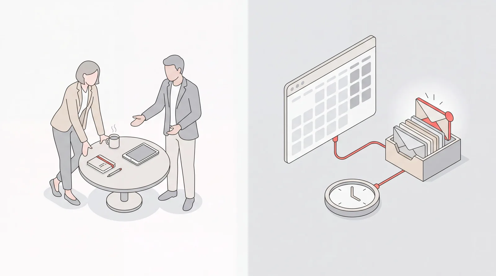 Isometric split scene: two people in a strategy discussion beside a calendar and inbox running on their own