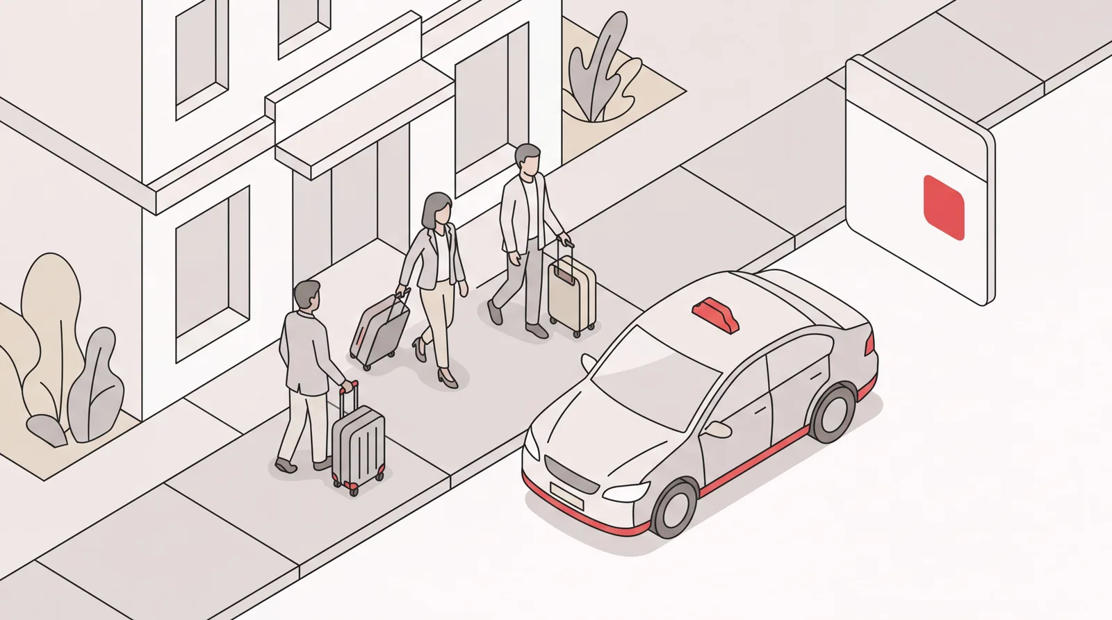 Three business travelers with suitcases meeting a shared car outside a hotel for a group business trip