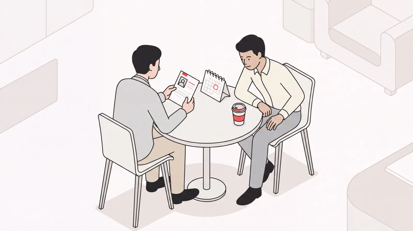 Two people at a small table reviewing a candidate profile card and a calendar while hiring a personal assistant
