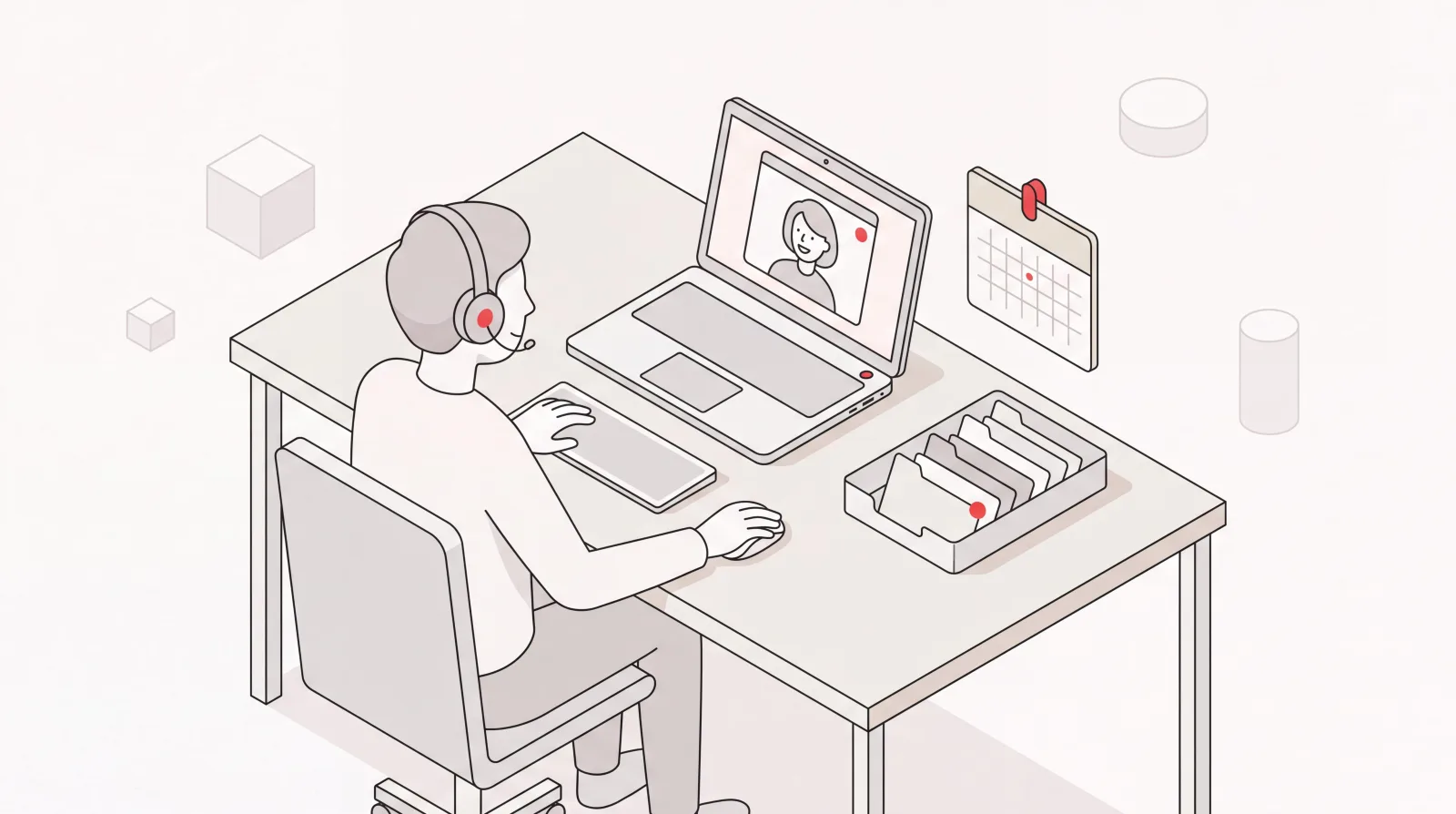 Executive on a video call with a remote assistant, calendar and inbox panels alongside the laptop
